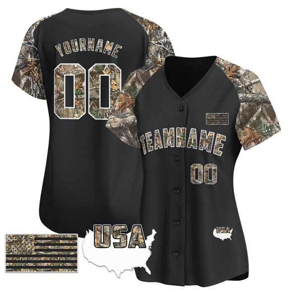 Women's Customized Team Name Black Alternate Camo Tree USA Flag Stitched Baseball Jersey