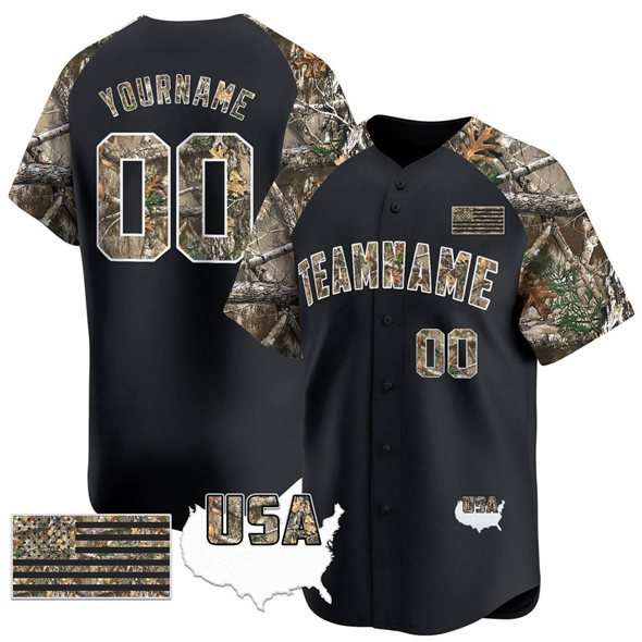 Youth Customized Team Name Black Alternate Camo Tree USA Flag Stitched Baseball Jersey