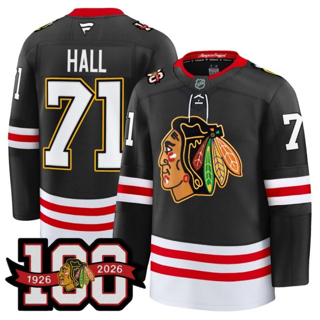 Men's Chicago Blackhawks #71 Taylor Hall Black 1926-2026 100th Premium Stitched Hockey Jersey