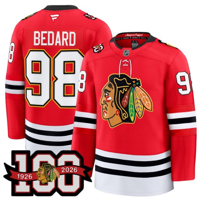 Men's Chicago Blackhawks #98 Connor Bedard Red 1926-2026 100th Premium Stitched Hockey Jersey
