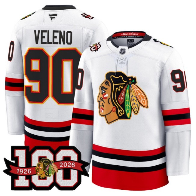 Men's Chicago Blackhawks #90 Joe Veleno White 1926-2026 100th Premium Stitched Hockey Jersey