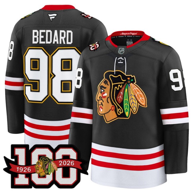 Men's Chicago Blackhawks #98 Connor Bedard Black 1926-2026 100th Premium Stitched Hockey Jersey