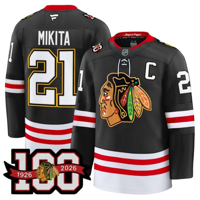 Men's Chicago Blackhawks #21 Stan Mikita Black 1926-2026 100th Premium Stitched Hockey Jersey