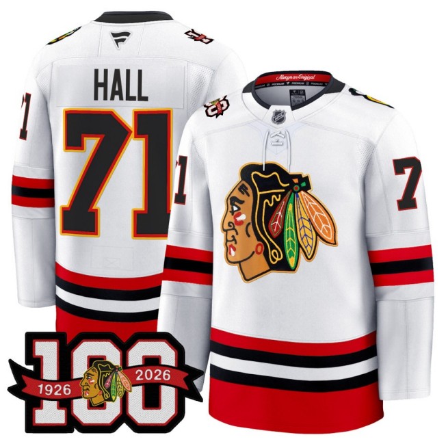 Men's Chicago Blackhawks #71 Taylor Hall White 1926-2026 100th Premium Stitched Hockey Jersey