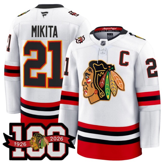 Men's Chicago Blackhawks #21 Stan Mikita White 1926-2026 100th Premium Stitched Hockey Jersey