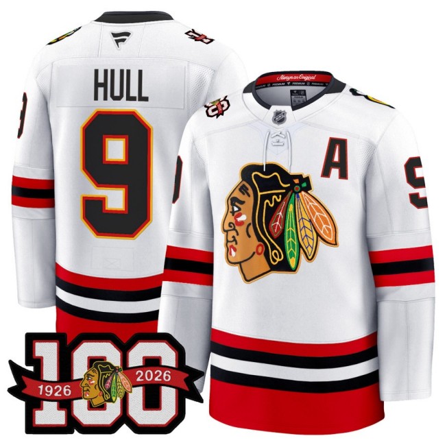 Men's Chicago Blackhawks #9 Bobby Hull White 1926-2026 100th Premium Stitched Hockey Jersey