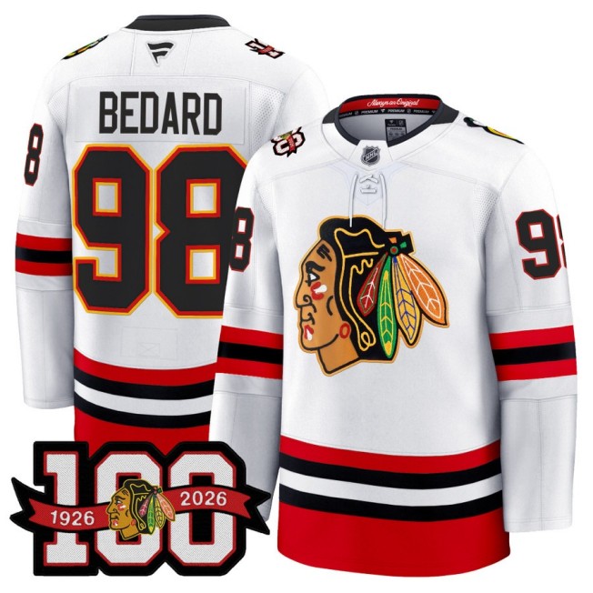 Men's Chicago Blackhawks #98 Connor Bedard White 1926-2026 100th Premium Stitched Hockey Jersey