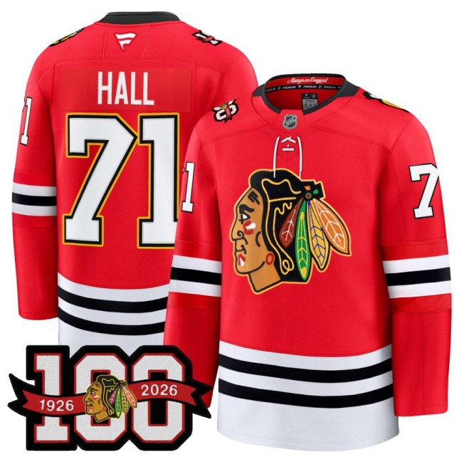 Men's Chicago Blackhawks #71 Taylor Hall Red 1926-2026 100th Premium Stitched Hockey Jersey