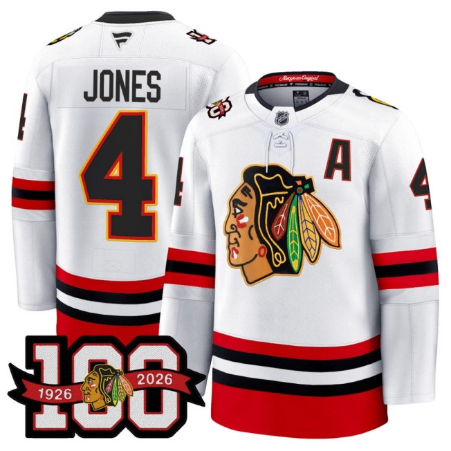 Men's Chicago Blackhawks #4 Seth Jones White 1926-2026 100th Premium Stitched Hockey Jersey