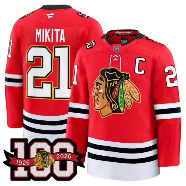 Men's Chicago Blackhawks #21 Stan Mikita Red 1926-2026 100th Premium Stitched Hockey Jersey