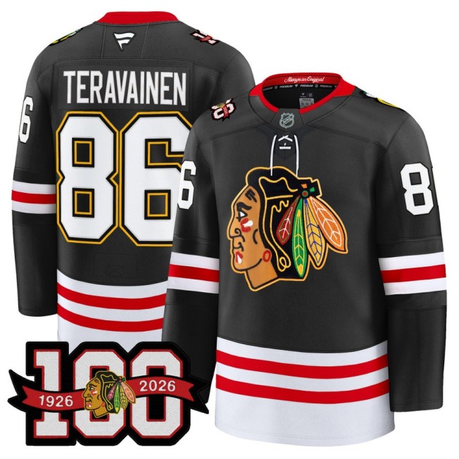 Men's Chicago Blackhawks #86 Teuvo Teravainen Black 1926-2026 100th Premium Stitched Hockey Jersey