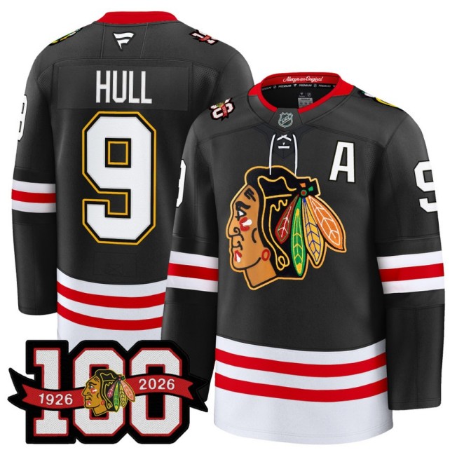 Men's Chicago Blackhawks #9 Bobby Hull Black 1926-2026 100th Premium Stitched Hockey Jersey