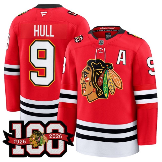 Men's Chicago Blackhawks #9 Bobby Hull Red 1926-2026 100th Premium Stitched Hockey Jersey