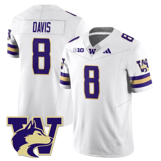 Men's Washington Huskies #8 Tacario Davis White 2025 Vapor Limited Stitched Football Jersey