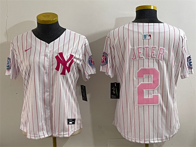Women's New York Yankees #2 Derek Jeter White Pink Pinstripe Limited Stitched Baseball Jersey