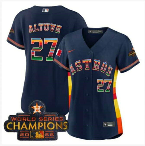 Women's Houston Astros #27 Jose Altuve Navy Mexico With 2022 World Series Champions Patch Cool Base Stitched Baseball Jersey