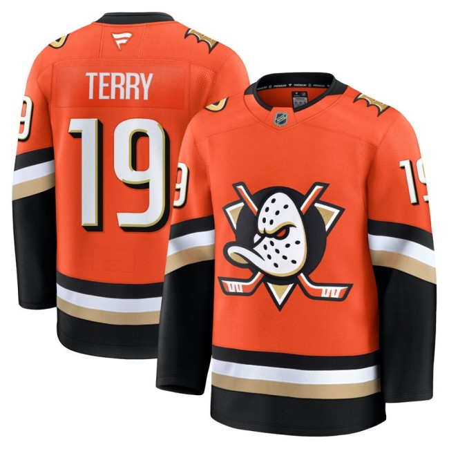 Men's Anaheim Ducks #19 Troy Terry Home Orange 2025 Premium Stitched Hockey Jersey