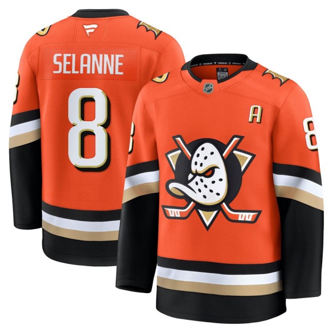 Men's Anaheim Ducks #8 Teemu Selanne Home Orange 2025 Premium Stitched Hockey Jersey
