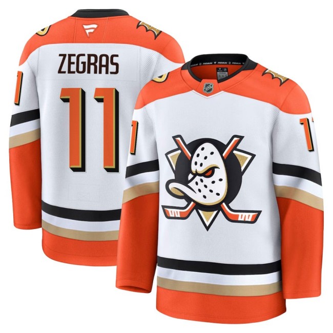 Men's Anaheim Ducks #11 Trevor Zegras Away White Orange 2025 Premium Stitched Hockey Jersey