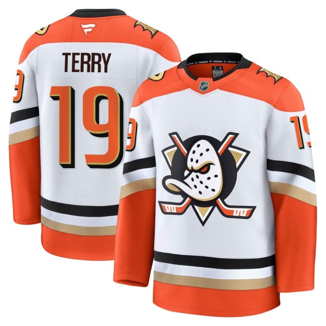 Men's Anaheim Ducks #19 Troy Terry Away White Orange 2025 Premium Stitched Hockey Jersey