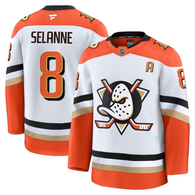 Men's Anaheim Ducks #8 Teemu Selanne Away White Orange 2025 Premium Stitched Hockey Jersey