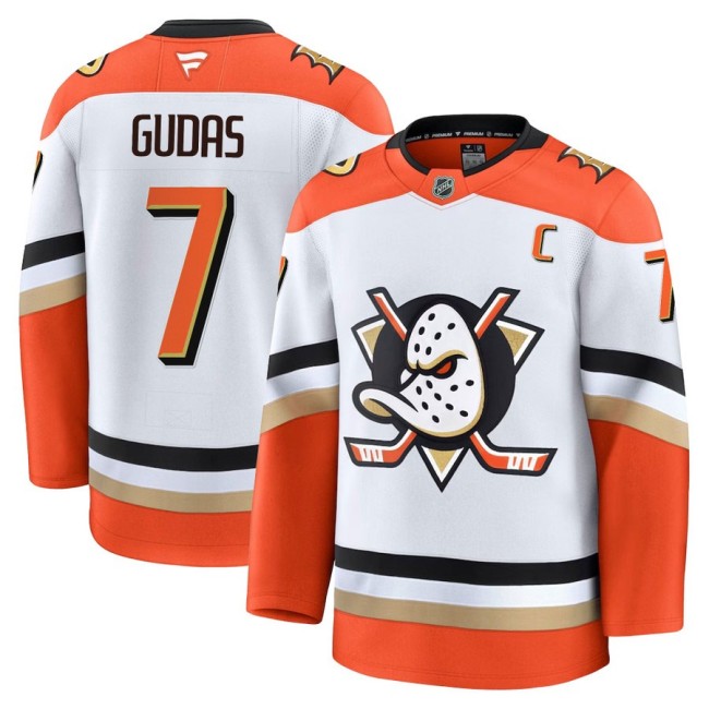 Men's Anaheim Ducks #7 Radko Gudas Away White Orange 2025 Premium Stitched Hockey Jersey
