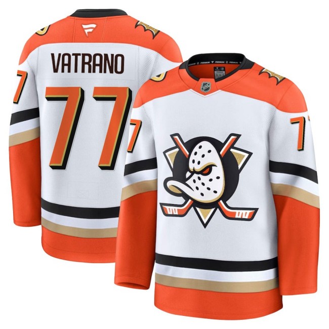 Men's Anaheim Ducks #77 Frank Vatrano Away White Orange 2025 Premium Stitched Hockey Jersey