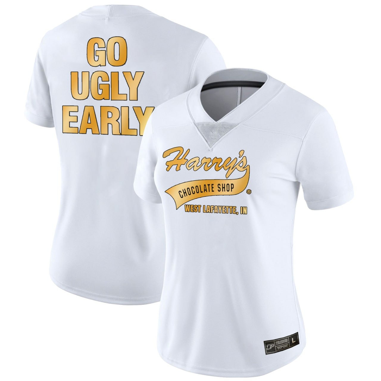 Women's Purdue Students Harry’s Chocolate Shop GO UGLY EARLY White Vapor Limited Football Jersey - All Stitched