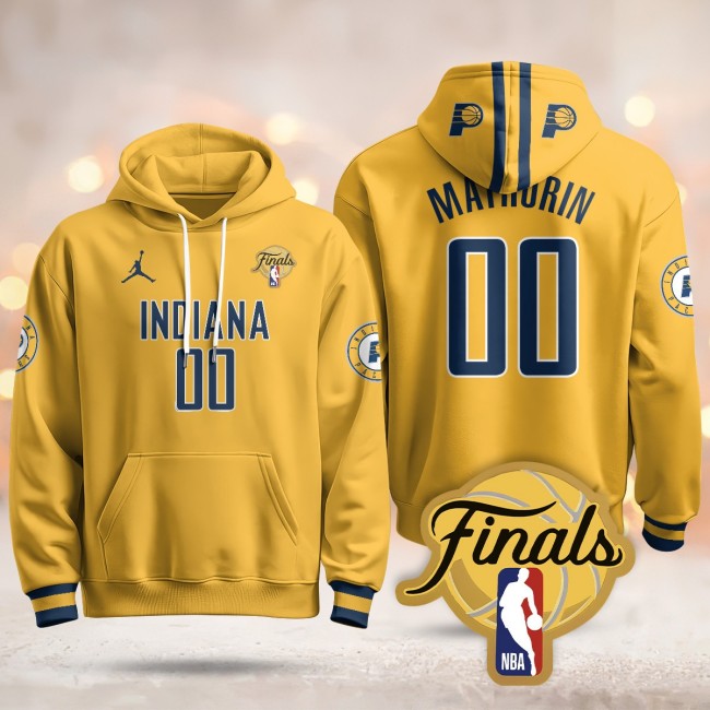 Men's Indiana Pacers #00 Bennedict Mathurin Yellow Statement 2025 Finals Patch Stitched Hoodie