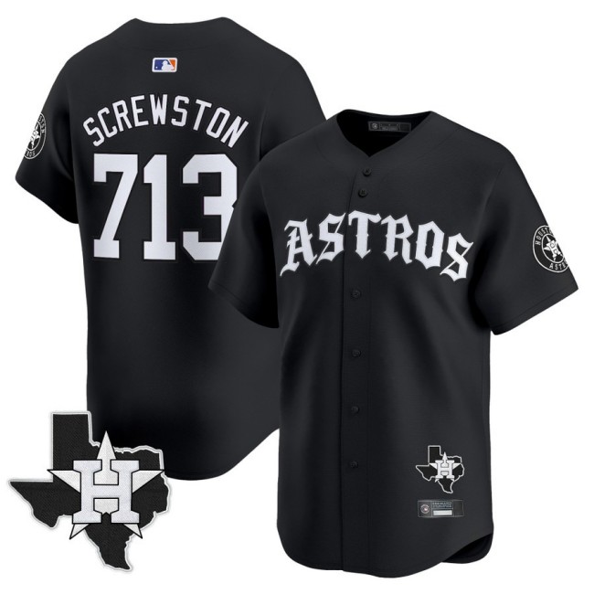 Men's Houston Astros #713 Screwston 'Old English Edition' Black Vapor Premier Limited Stitched Baseball Jersey - State Map Patch