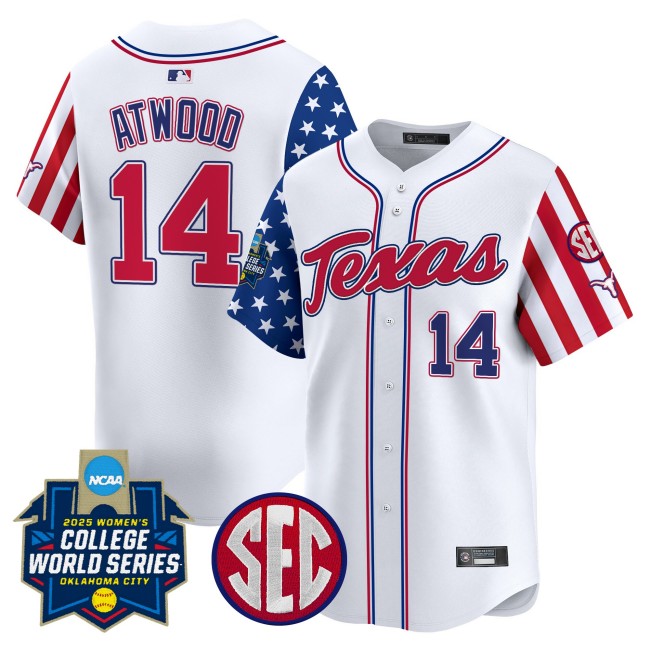 Men's Texas Longhorns #14 Reese Atwood Softball White 2025 Independence Day WCWS Limited Stitched Baseball Jersey