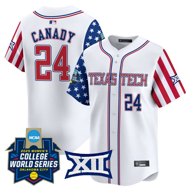 Men's Texas Tech Red Raiders Softball #24 NiJaree Canady WCWS White 2025 Independence Day Limited Stitched Baseball Jersey