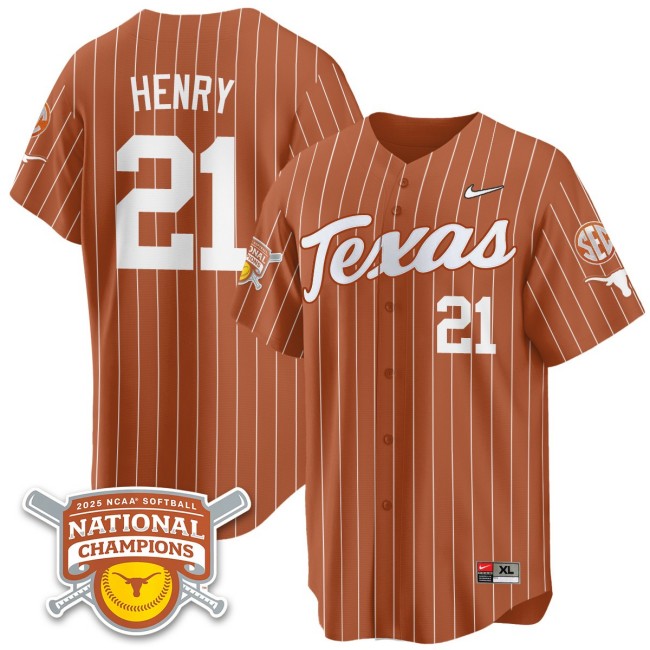 Men's Texas Longhorns #21 Kayden Henry Orange Pinstripe 2025 NCAA Softball National Champions Limited Stitched Jersey