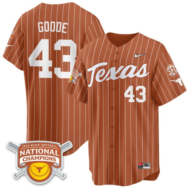 Men's Texas Longhorns #43 Leighann Goode Orange Pinstripe 2025 NCAA Softball National Champions Limited Stitched Jersey
