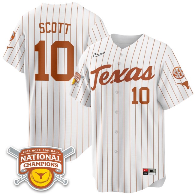 Men's Texas Longhorns #10 Mia Scott White Pinstripe 2025 NCAA Softball National Champions Limited Stitched Jersey