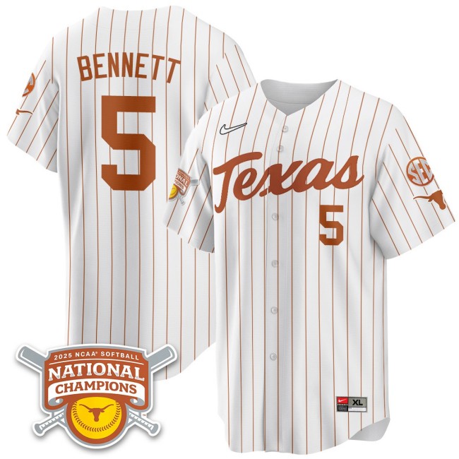 Men's Texas Longhorns #5 Kaydee Bennett White Pinstripe 2025 NCAA Softball National Champions Limited Stitched Jersey