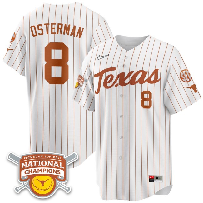Men's Texas Longhorns #8 Cat Osterman White Pinstripe 2025 NCAA Softball National Champions Limited Stitched Jersey