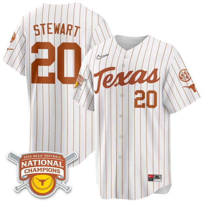 Men's Texas Longhorns #20 Katie Stewart White Pinstripe 2025 NCAA Softball National Champions Limited Stitched Jersey