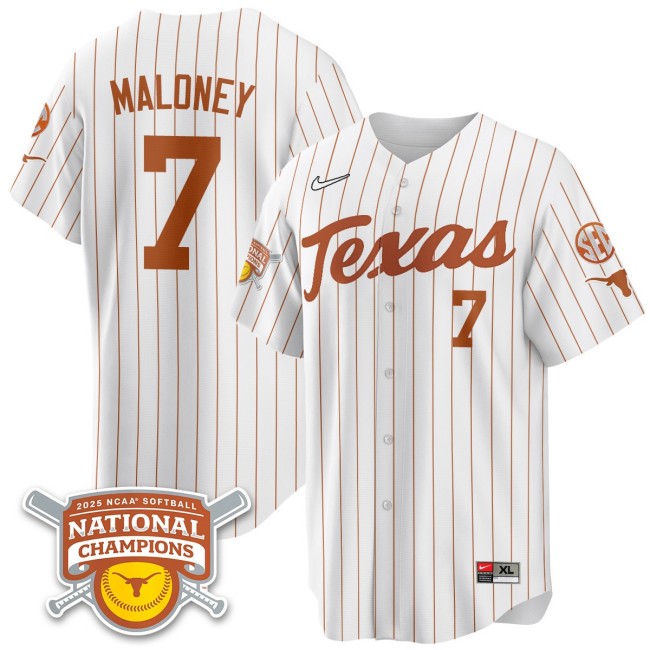 Men's Texas Longhorns #7 Ashton Maloney White Pinstripe 2025 NCAA Softball National Champions Limited Stitched Jersey