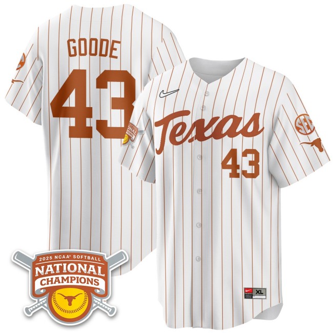 Men's Texas Longhorns #43 Leighann Goode White Pinstripe 2025 NCAA Softball National Champions Limited Stitched Jersey