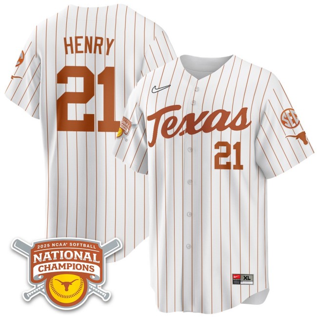 Men's Texas Longhorns #21 Kayden Henry White Pinstripe 2025 NCAA Softball National Champions Limited Stitched Jersey