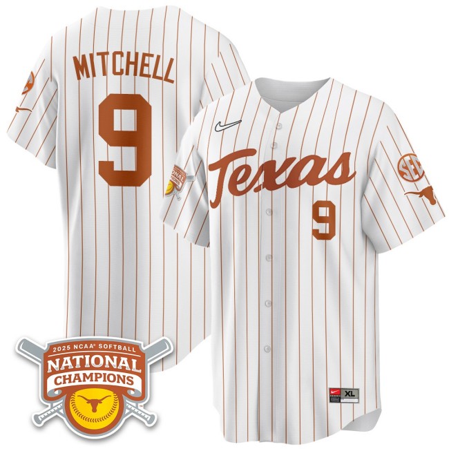 Men's Texas Longhorns #9 Joley Mitchell White Pinstripe 2025 NCAA Softball National Champions Limited Stitched Jersey