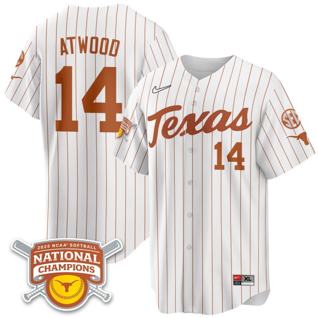 Men's Texas Longhorns #14 Reese Atwood White Pinstripe 2025 NCAA Softball National Champions Limited Stitched Jersey