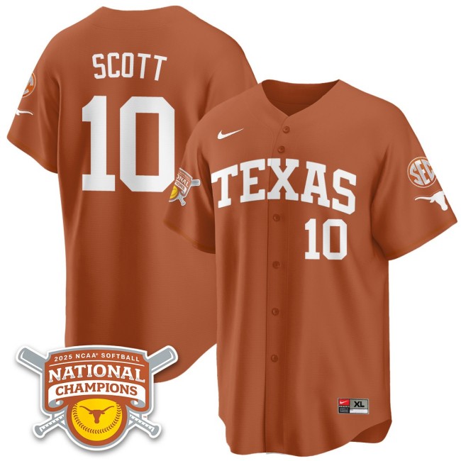 Men's Texas Longhorns #10 Mia Scott Orange 2025 NCAA Softball National Champions Limited Stitched Jersey