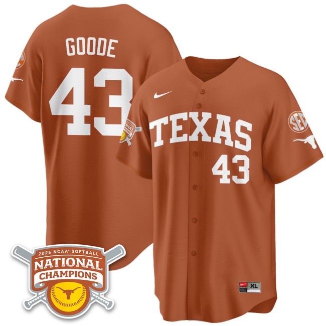Men's Texas Longhorns #43 Leighann Goode Orange 2025 NCAA Softball National Champions Limited Stitched Jersey