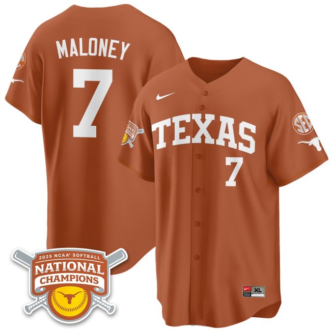Men's Texas Longhorns #7 Ashton Maloney Orange 2025 NCAA Softball National Champions Limited Stitched Jersey