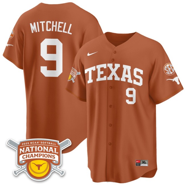 Men's Texas Longhorns #9 Joley Mitchell Orange 2025 NCAA Softball National Champions Limited Stitched Jersey