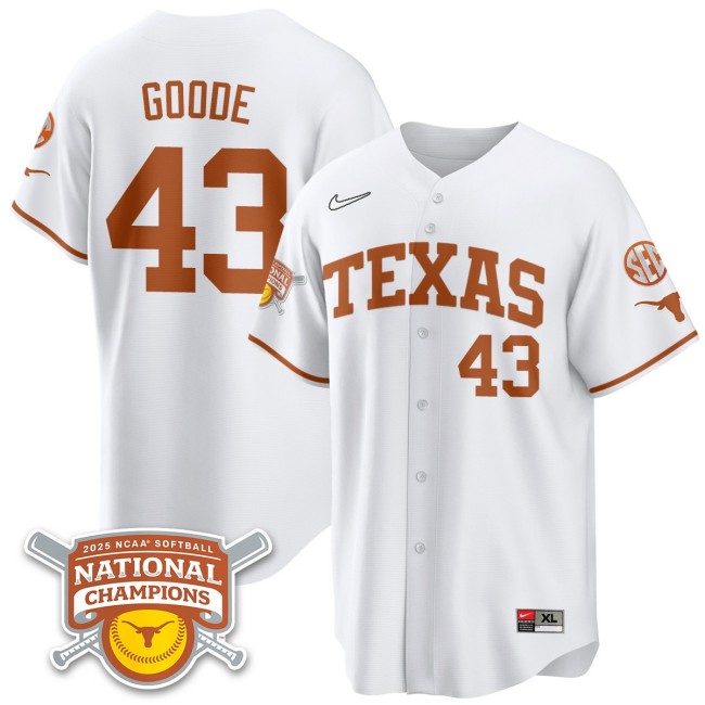 Men's Texas Longhorns #43 Leighann Goode White 2025 NCAA Softball National Champions Limited Stitched Jersey