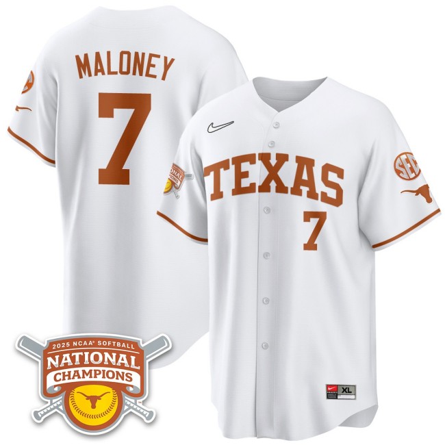Men's Texas Longhorns #7 Ashton Maloney White 2025 NCAA Softball National Champions Limited Stitched Jersey