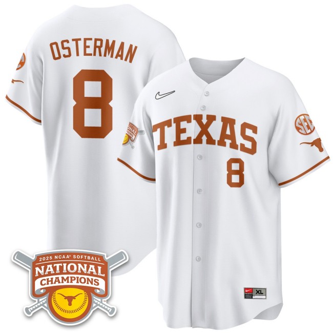 Men's Texas Longhorns #8 Cat Osterman White 2025 NCAA Softball National Champions Limited Stitched Jersey